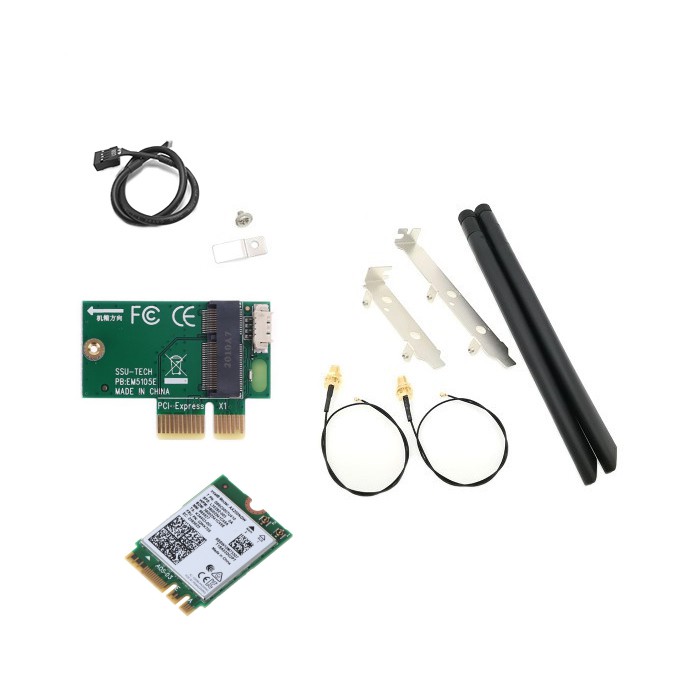 M.2 to PCIE card. Bộ kit gắn M.2 wifi card, có 2 antenna 8dBi và cáp usb để kết nối bluetooth. Bộ Kit và wifi card