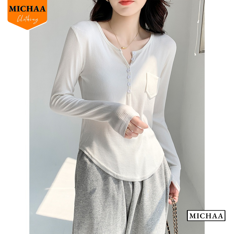 Áo Thun Tay Dài VẠT BẦU CÀI NÚT Nữ Có Túi, Áo Thun Basic Chất Thun Gân Dáng Dài Thời Trang - MICHAA ADD07
