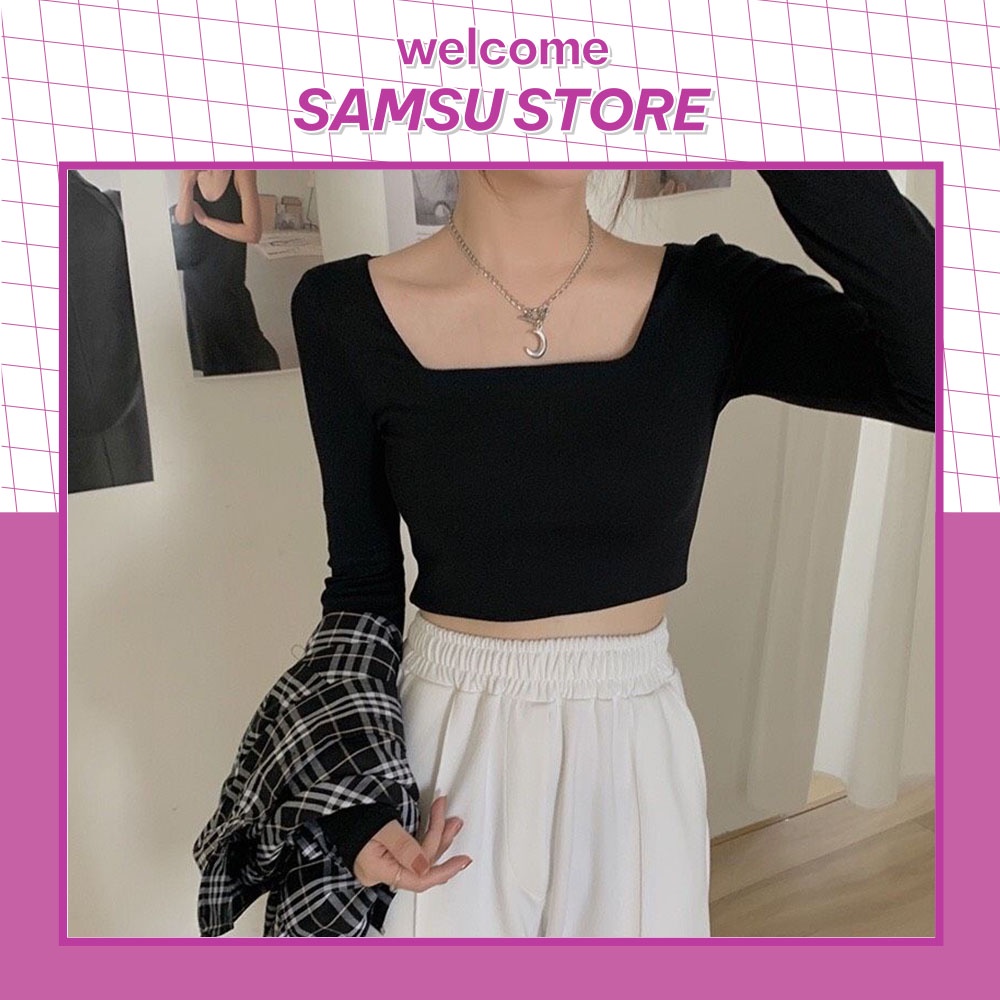 Áo croptop tay dài cổ vuông màu trơn co dãn phong cách Hàn Quốc ba màu tùy chọn 45 ETT504