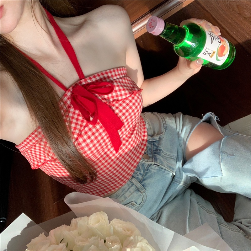 Áo Tank Top Hai Dây Thắt Nơ In Hình Dâu Tây Xinh Xắn