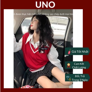 Áo gile len đỏ trơn viền trắng