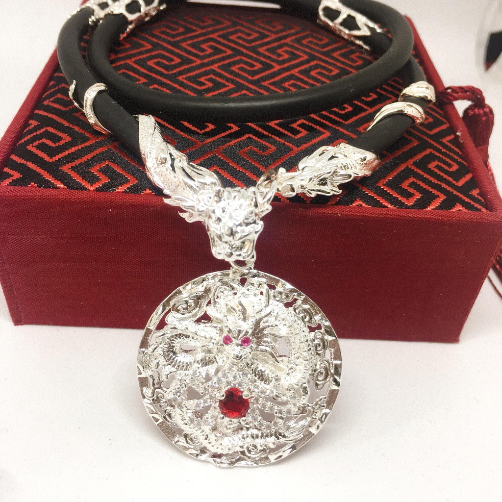 Dây chuyền Phong thủy Mặt Thiên Long Tròn Ngọc Đỏ Bạc Thái Cao Cấp | Jewelry Bảo Tín (dây và mặt) ( Màu bạc)