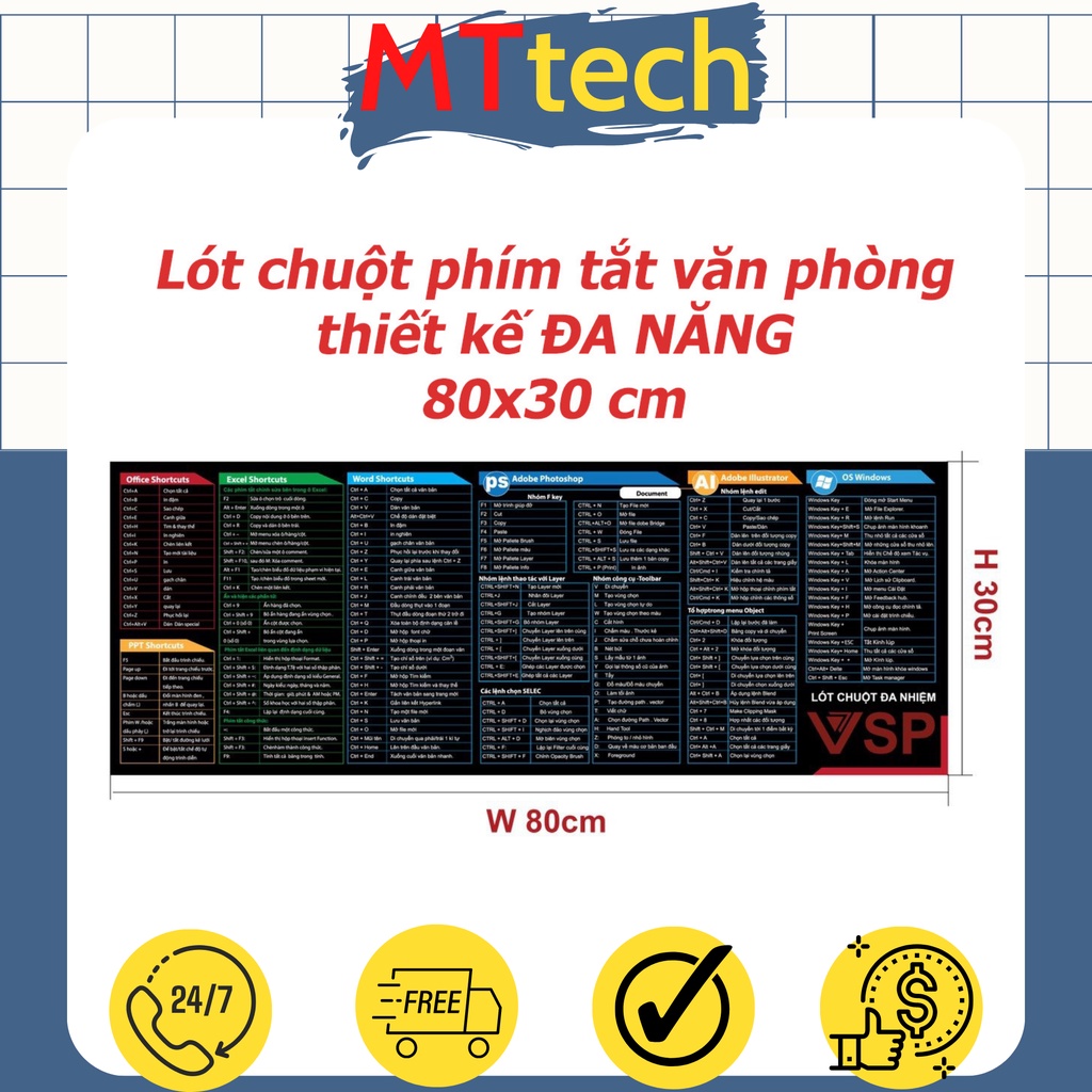 Miếng Lót Chuột In Phím Tắt Văn Phòng Nhiều Mẫu Mã Các Loại Thích Hợp Cho Thiết Kế, Chơi Game Văn Phòng Dài 80x30cm