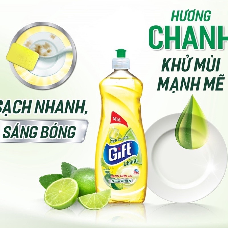 Nước Rửa Chén Gift 450gr hương Chanh thiên nhiên rửa chén/bát siêu sạch nhiều bọt không hại da tay