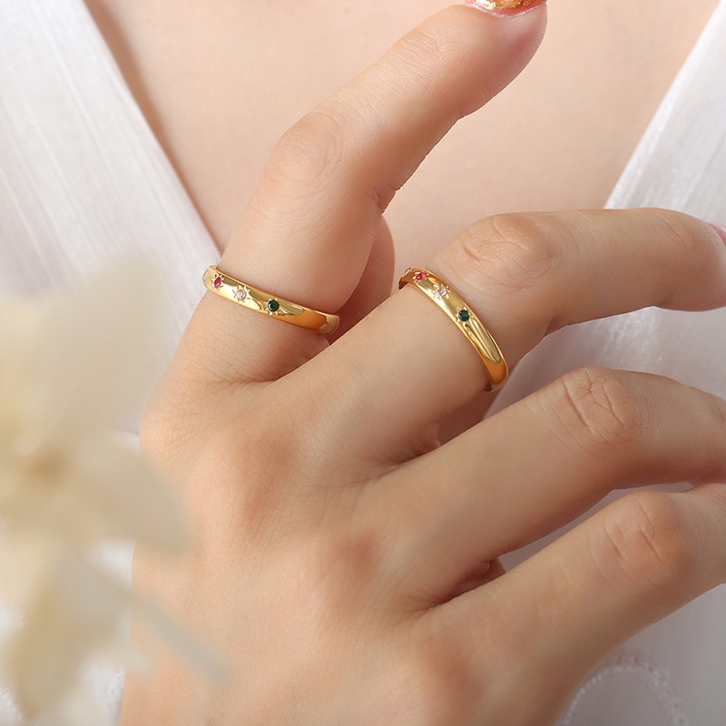 Nhẫn Thép Titan Mạ Vàng 925 Đính Đá Zircon Nhiều Màu Thời Trang Cho Nữ