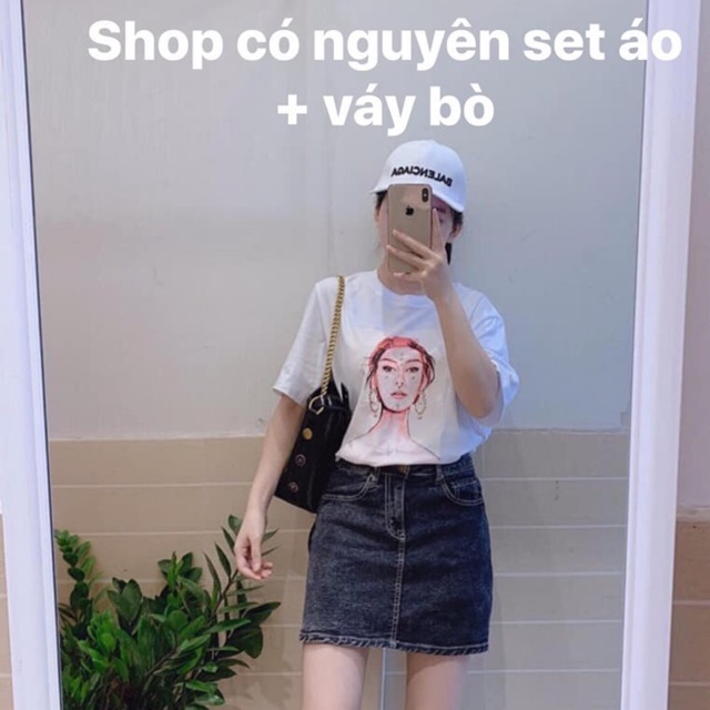 Chân váy denim nữ kèm quần muối tiêu