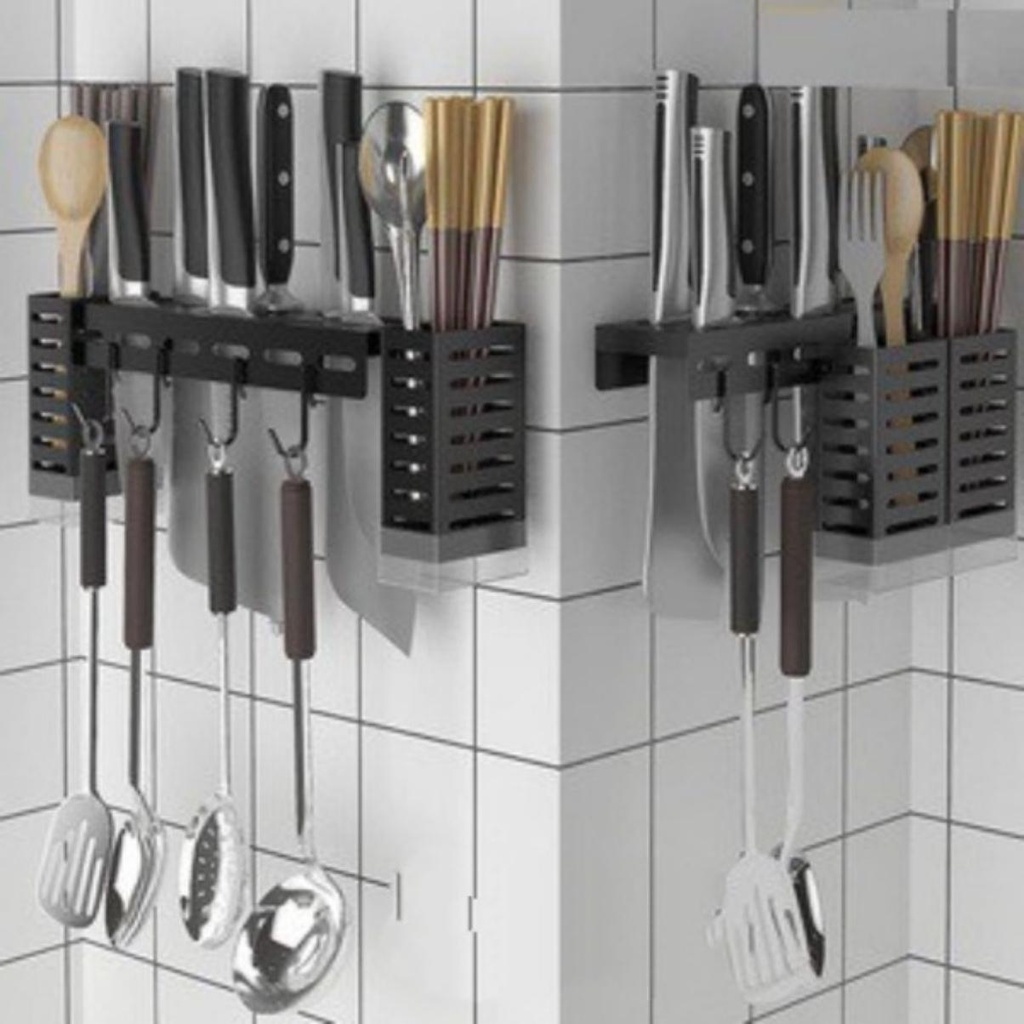 Giá gài dao kéo kệ dán tường để đồ nhà bếp có ống đựng đũa và móc treo muôi thìa bằng thép