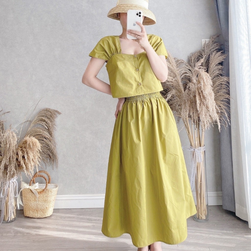 Sét chân váy dài áo croptop cổ vuông chất thô 3 màu- S073 | BigBuy360 - bigbuy360.vn