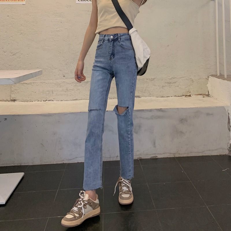 Real Shot Spot Summer Korean Version of Ins Retro High Waist Hole Straight Jeans Women Joker Stretch Slim Micro Flared Pants Tide Wash, Zipper, Buttons, Hand-worn Denim Blue S M L XL