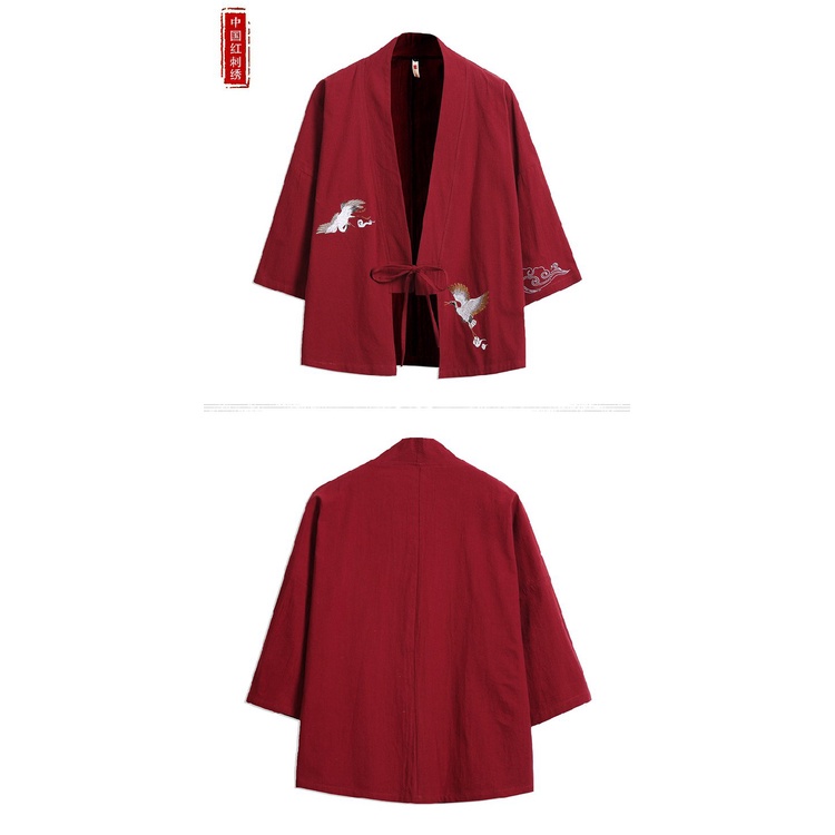Áo Khoác Kimono Tay Ngắn Chất Liệu Vải Lanh Mỏng In Họa Tiết Chim Hạc Phong Cách Trung Hoa Cổ Điển Cho Nam