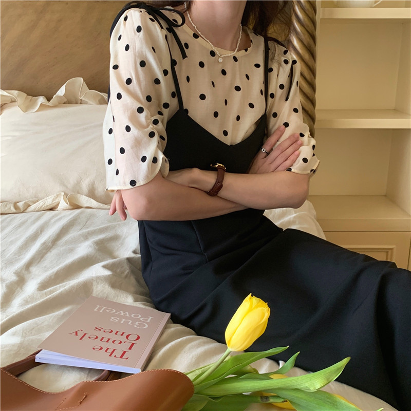 Đầm Ngắn Tay Giả Hai Lớp Trơn Màu Cổ Điển Dành Cho Nữ 43748