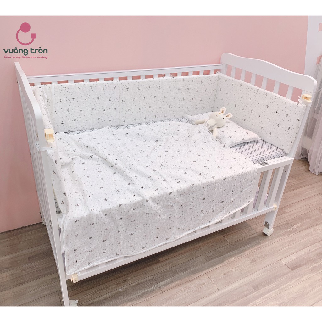 Quây cũi cao cấp Vuông Tròn vải muslin, chăn ga vải sợi tre bamboo thoáng mát đẹp an toàn cho bé