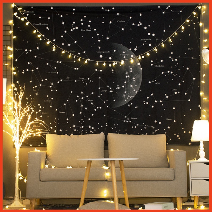 [Tặng kèm đèn nháy và móc treo] Tranh vải treo tường hình mặt trăng ngân hà decor phòng thêm nét mới lạ hấp dẫn