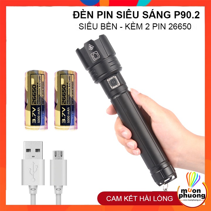 Đèn pin siêu sáng LED P90 zoom size lớn chuyên dụng kèm pin sạc USB chống nước dã ngoại - MUÔN PHƯƠNG SHOP