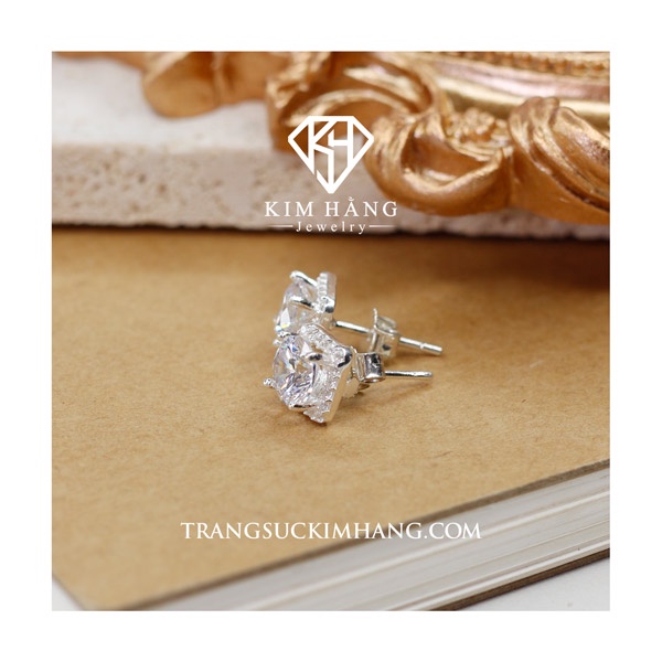 Khuyên Tai BẠC Nụ Đá Vuông Viền Tấm - Chốt Đẩy