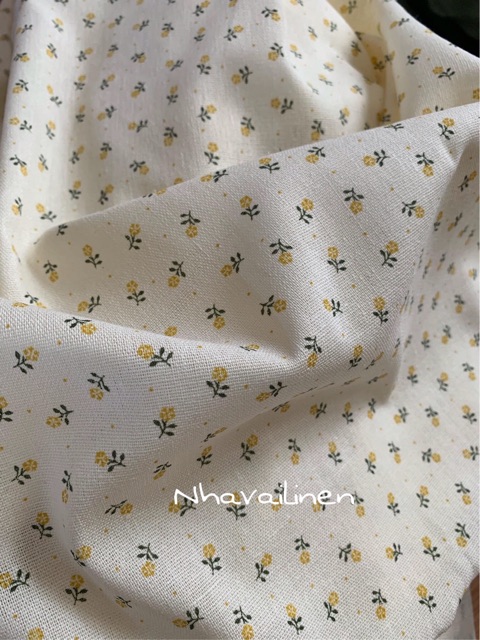 Vải hoạ tiết linen in hoa vàng nhỏ
