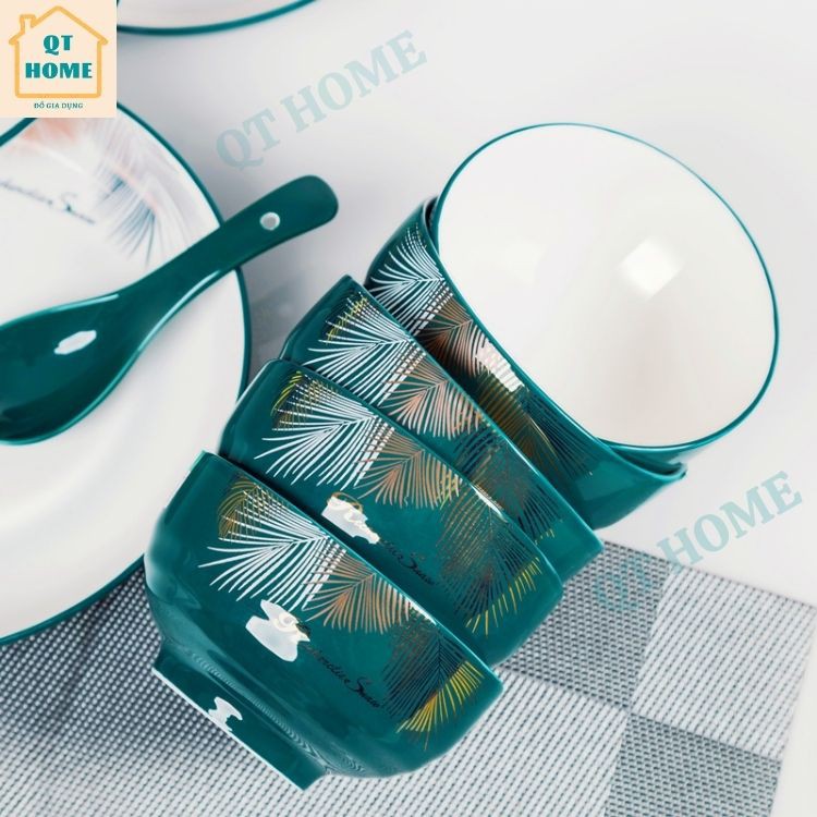 Chén Sứ, Bát Sứ Ăn Cơm Màu Xanh Ngọc Lục Bảo, Xanh Cổ Vịt, Họa Tiết Lá Dừa