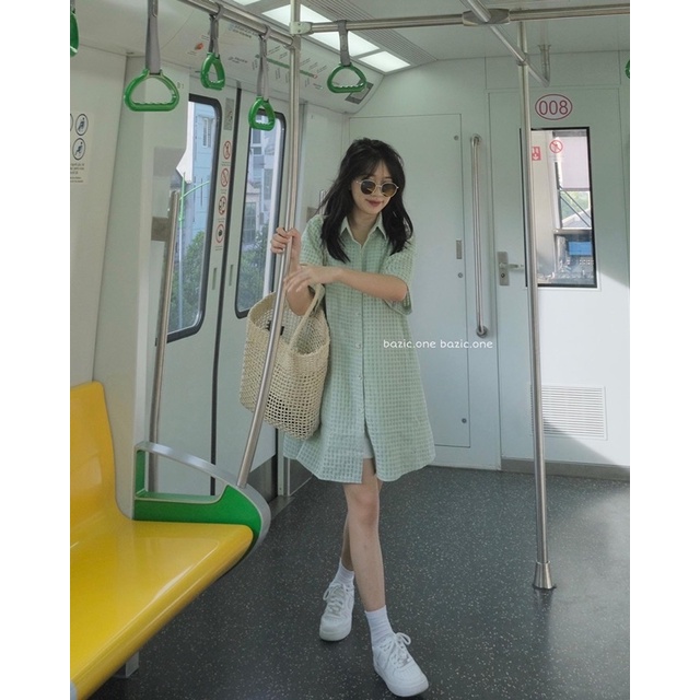Váy Xốp oversize tay lỡ cổ sơ mi, váy sơ mi Xốp dáng trên gối Ulzzang Bazic one