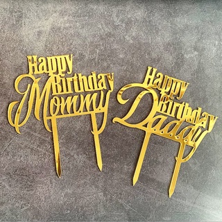 Phụ kiện trang trí bánh kem bằng acrylic họa tiết chữ happy birthday mommy và daddy