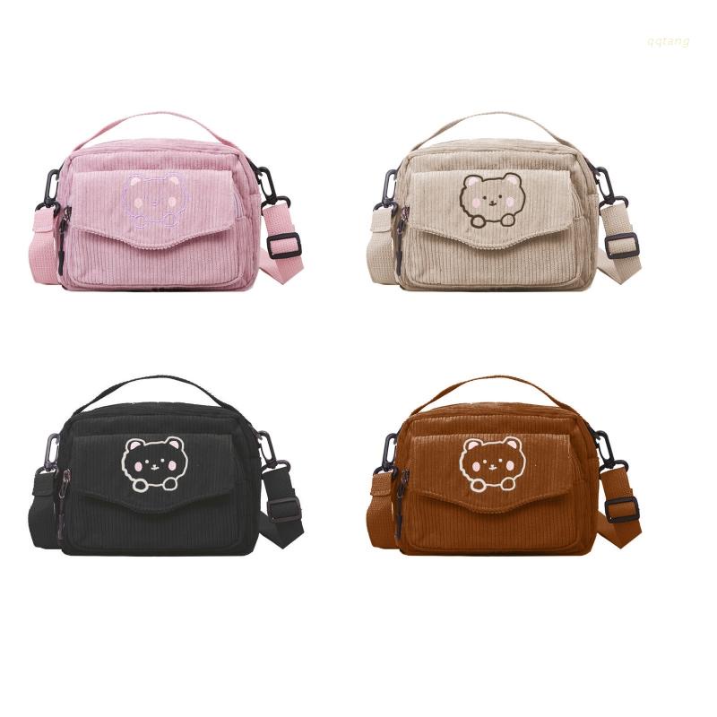QQ Túi Tote Đeo Vai Bằng Vải Nhung Họa Tiết Gấu Hoạt Hình Dễ Thương Cho Nữ