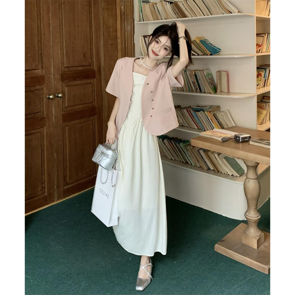 「 WELOVE1 」Bộ Áo Khoác Vest Ngắn Tay + Đầm Yếm Thời Trang Nữ Tính Cỡ Nhỏ