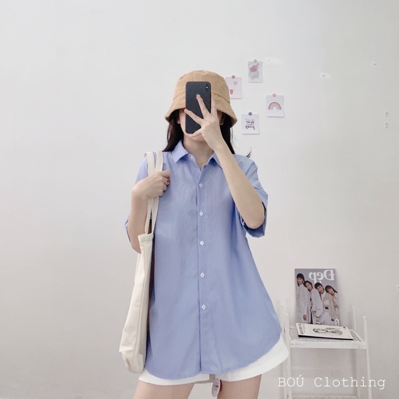 Set sơmi khuy lưng sọc nhuyễn + short trắng dành cho nữ (Ảnh thật)