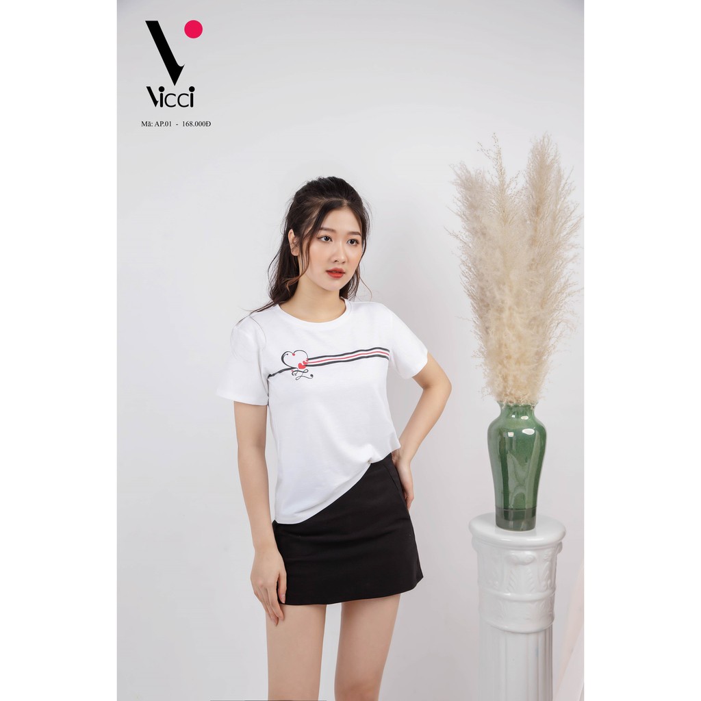 Áo Thun Ngắn Tay, Áo Phông Cộc Tay Vicci AP.01.6 chất liệu cotton vân gỗ phối hoạ tiết kẻ