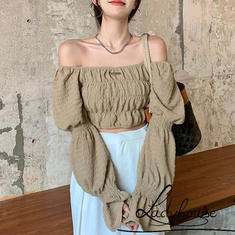 Áo Croptop Trễ Vai Tay Phồng Dài Màu Sắc Trơn Thời Trang Cho Nữ