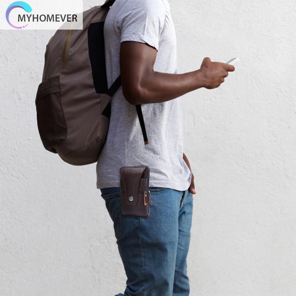 myhomever Men Genuine Leather Waist Bag Business Waterproof Phone Belt Bum Zip Pouch