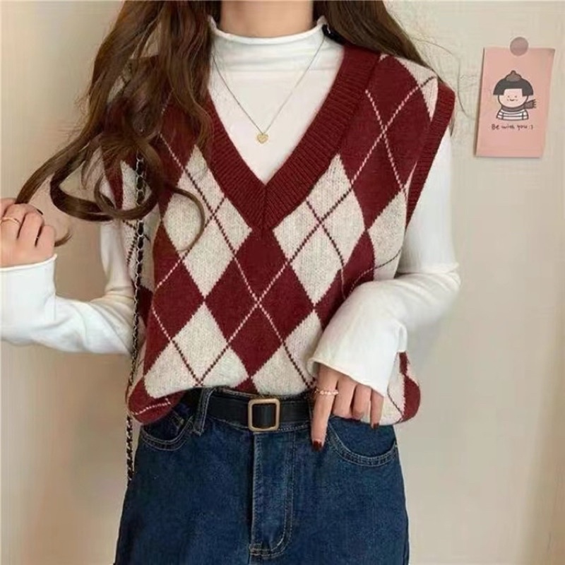 Áo gile kẻ caro vintage Shally-  áo không tay dáng xuông cá tính