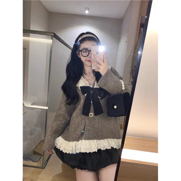 Áo len cardigan + váy ngắn hai mảnh phù hợp với phụ nữ