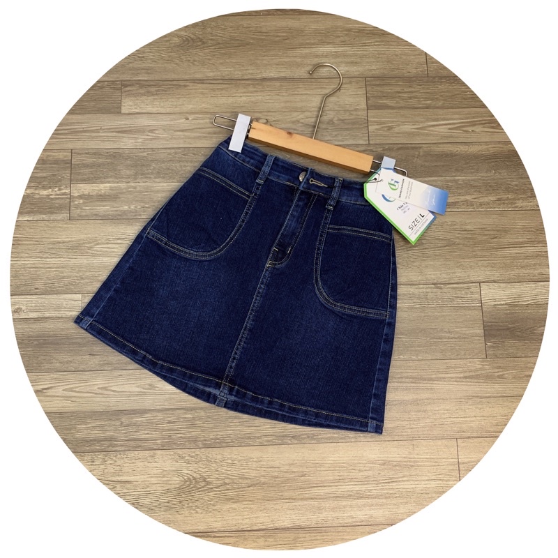 Chân Váy Jeans Chữ A Co Dãn 2 Túi Cạp Cao