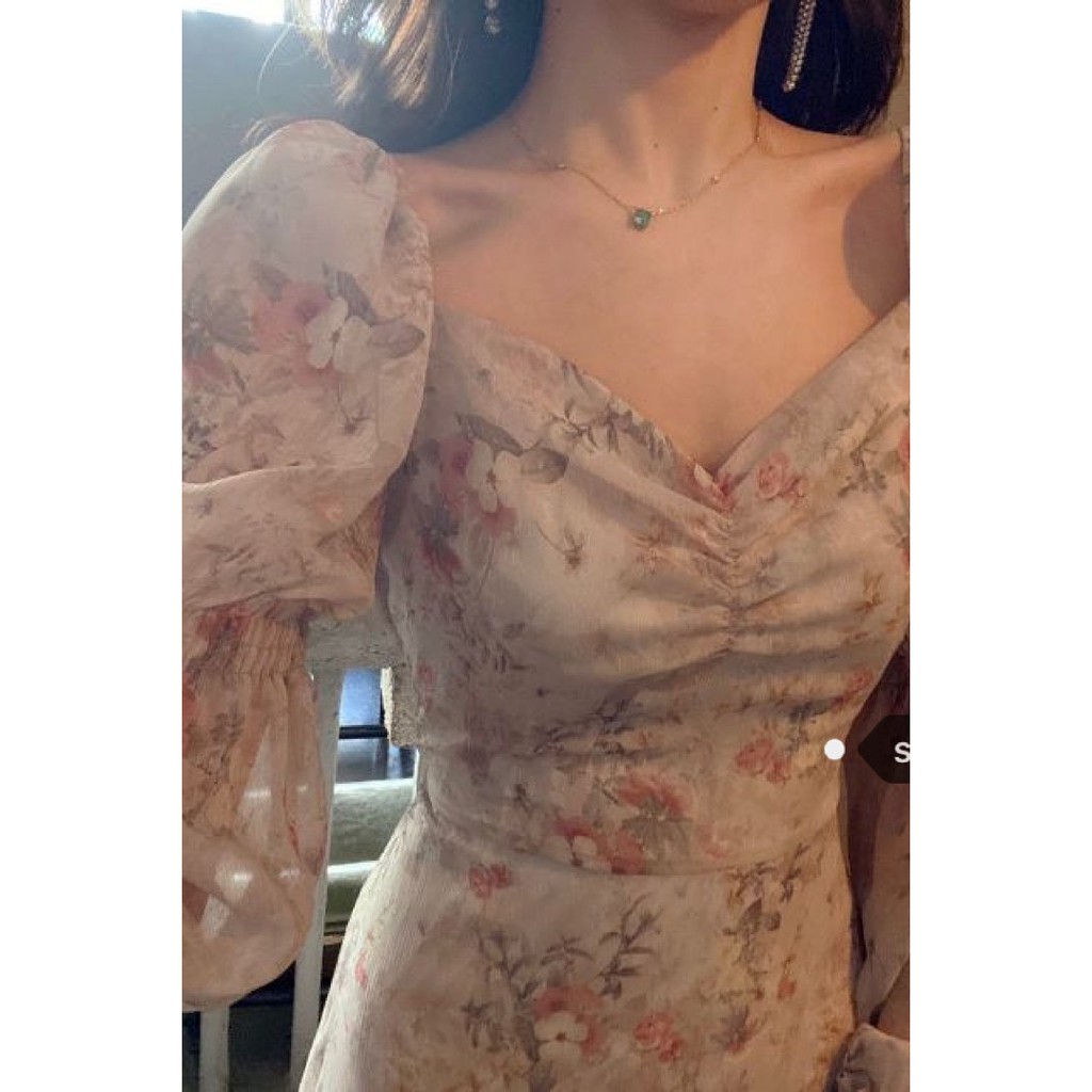 (HÀNG SẴN) Váy voan hoa hồng ngọt ngào cổ vuông dài tay xòe công chúa style kiểu Pháp lãng mạn (HÀNG MỚI 2020) | BigBuy360 - bigbuy360.vn