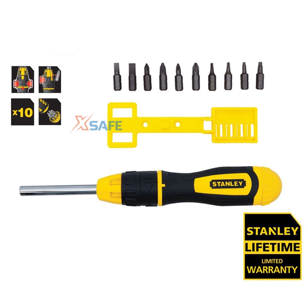 Bộ tua vít đa năng (10 mũi) STANLEY STHT68010-8 Bộ vít đa năng thép, tay cầm bọc cao su gồm 10 đầu mũi vít