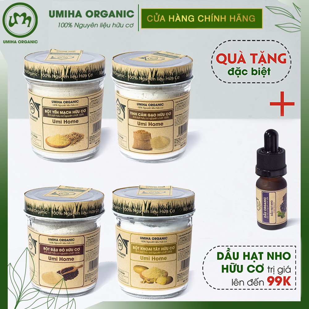 Combo 4 Bột Tẩy Da Chết Dưỡng Da Hữu Cơ gồm Bột Cám Gạo, Đậu Đỏ, Yến Mạch, Khoai Tây 125g UMIHOME. Tặng Dầu Hạt Nho 10ml