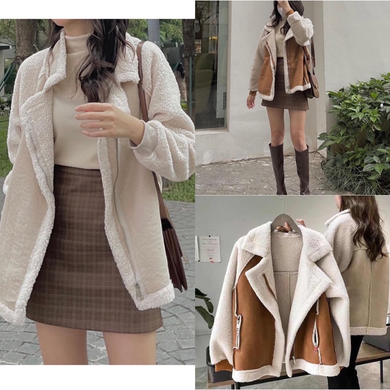 [HÀNG SẴN]ÁO KHOÁC JACKETS DA LỘN CHẦN BÔNG HÀNG QUẢNG CHÂU