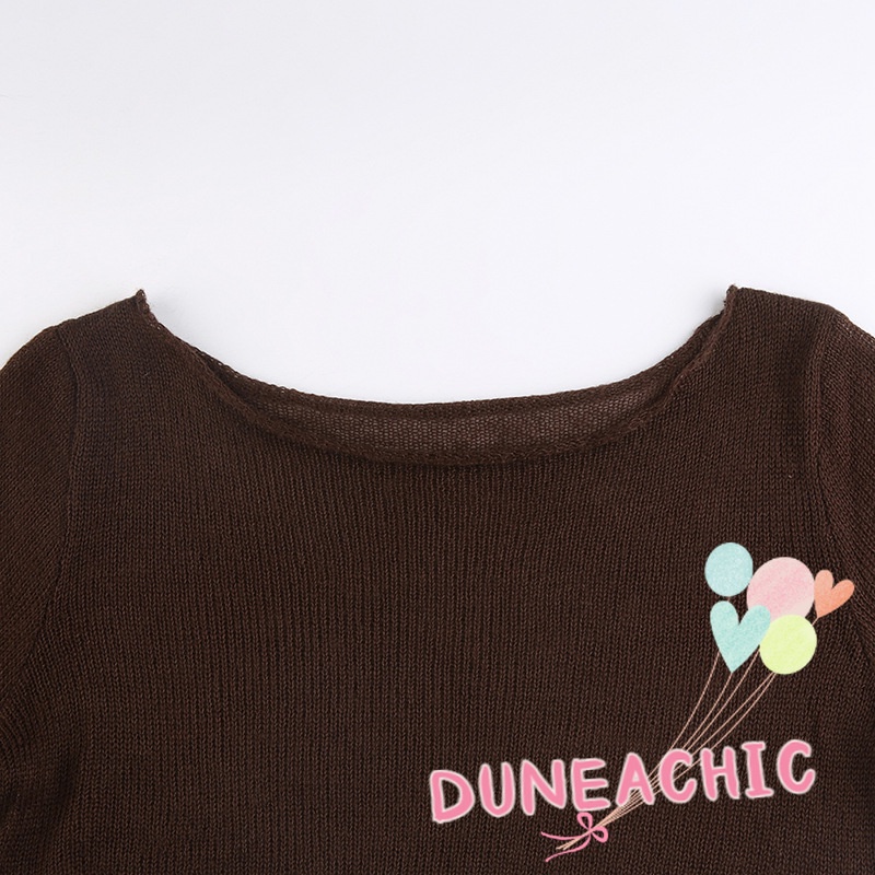 DUNEA Áo croptop dệt kim tay loe thiết kế xuyên thấu thời trang dành cho nữ