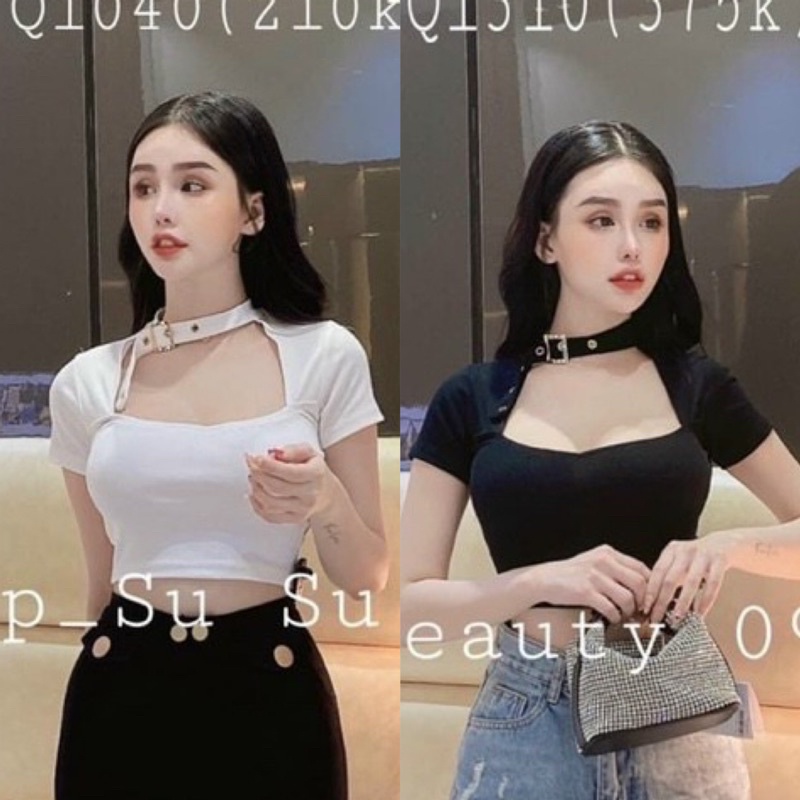 Có Mút Ngực Áo Thun Croptop Tay Ngắn Cổ U Đai Nịt