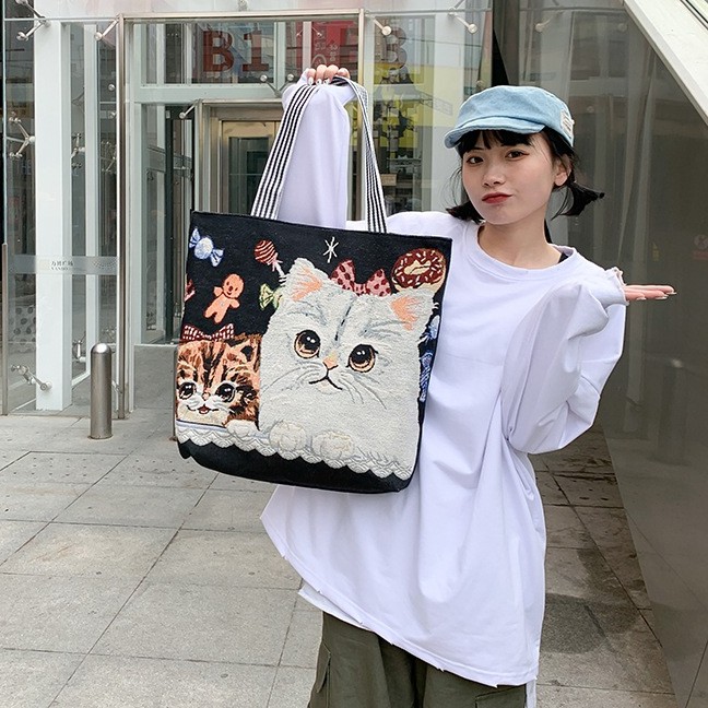 Túi Tote Vải Canvas Thêu Hình Mèo Cute Thời Trang Đeo Chéo GN11-II