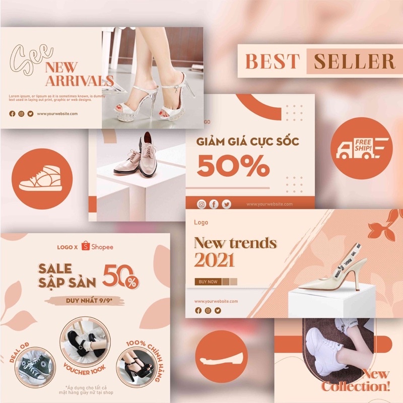 Thiết Kế bộ template banner shopee giày dép nữ thời trang nữ túi xách nữ quần áo nữ mũ nón váy đầm