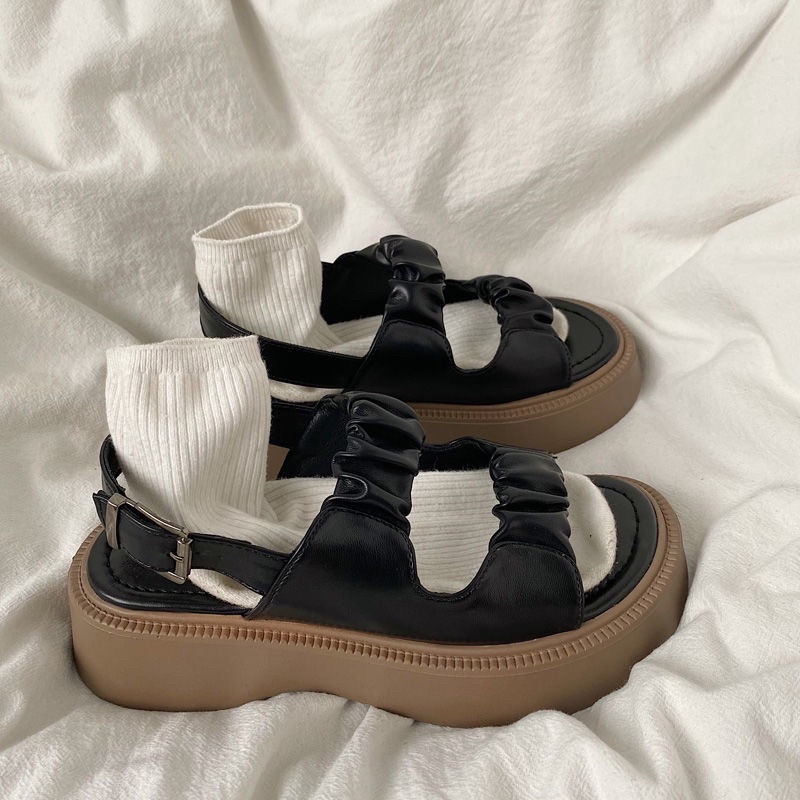 G505 | Dép Sandal Cài Khuy Bèo Nhún Đế Bánh Mì Đặc Giày Sandal Đi Học Ulzzang