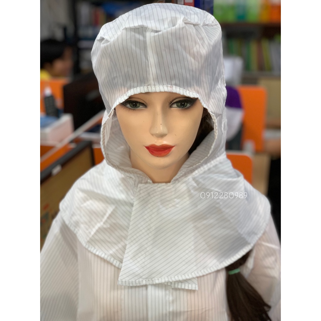 Nón trùm phòng sạch chống tĩnh điện màu trắng _ Hình chụp thật