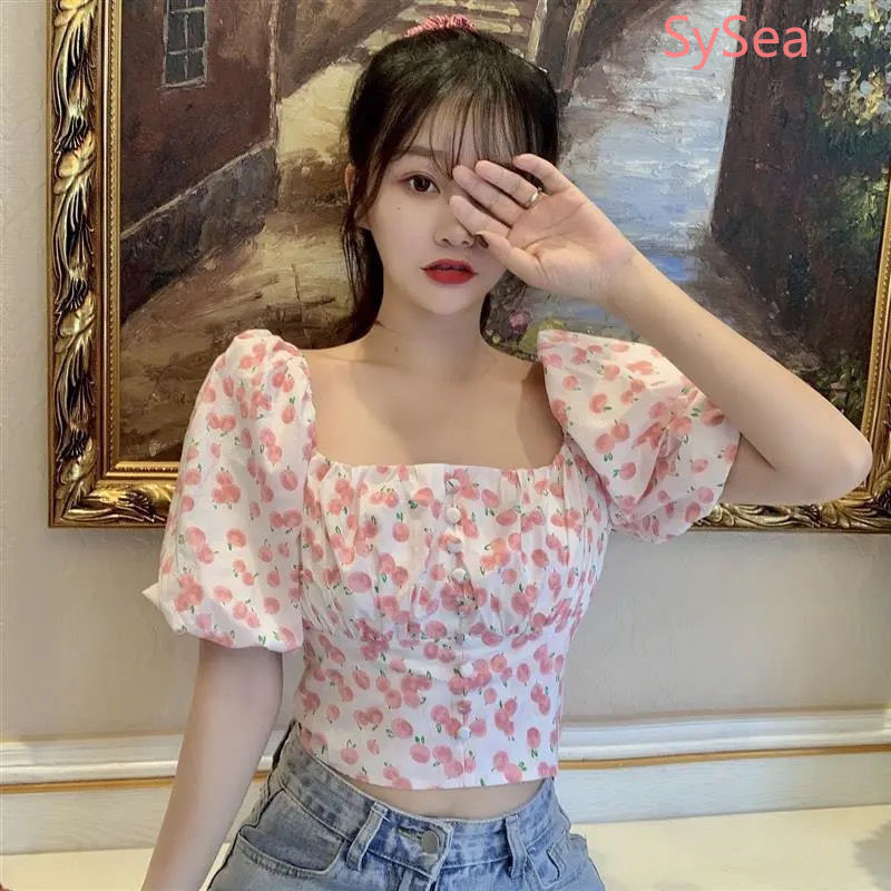 Áo kiểu croptop tay ngắn thắt nơ phía sau họa tiết hoa xinh xắn dành cho nữ
