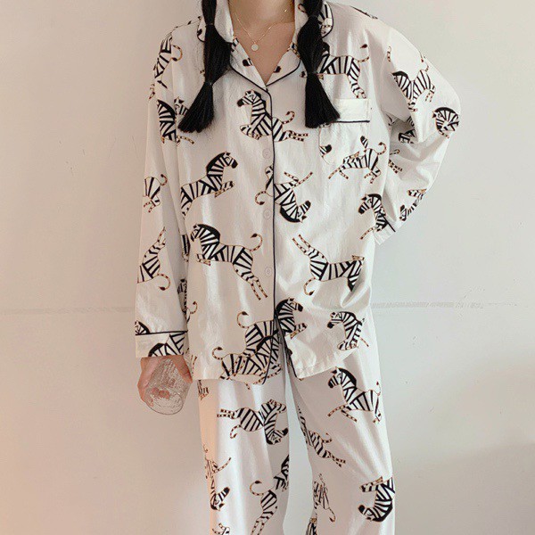 Bộ ngủ pijama dài tay thu đông ngựa vằn vải cotton