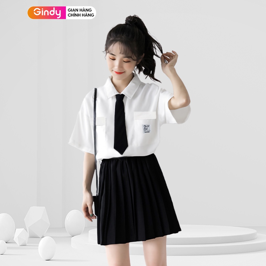 Áo sơ mi nữ tay lỡ GINDY cổ bẻ cà vạt chất kate form rộng dáng suông thời trang sơmi công sở, sơmi học sinh  A11120