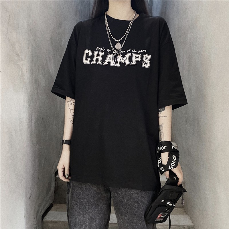 Áo thun nam nữ Champs unisex tay lỡ cổ tròn cotton trắng đen basic phom rộng oversize local brand Cheapy
