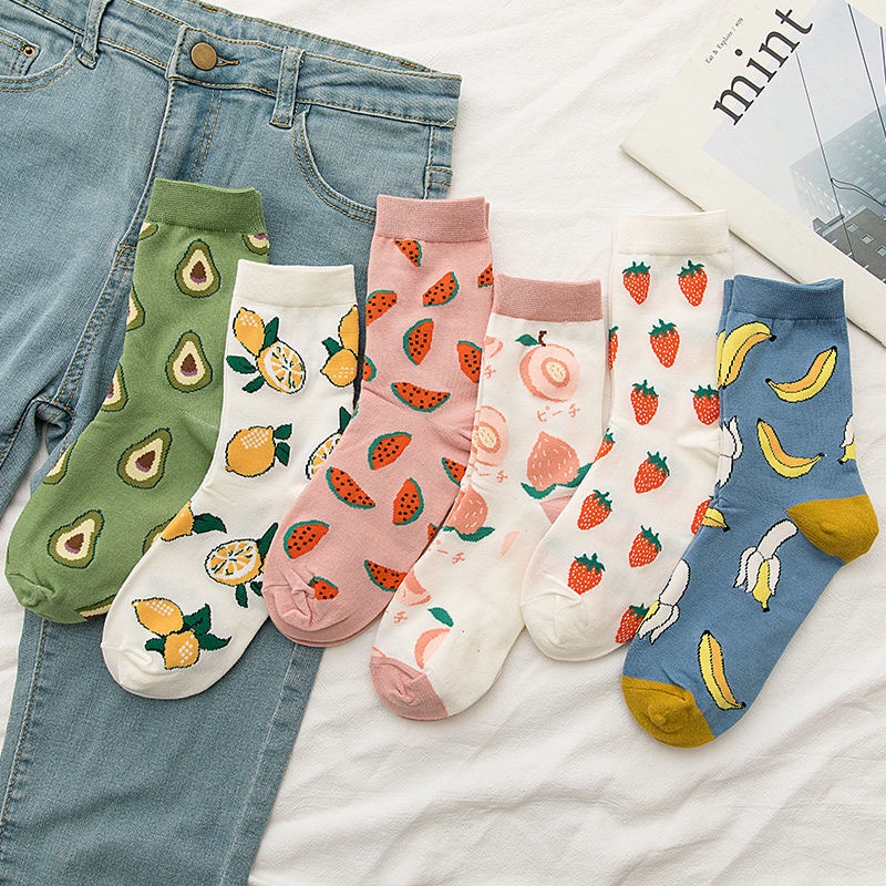 TIANTIAN T007 Vớ Cotton  Tất vớ nữ cổ cao họa tiết trái cây hoạt hình phong cách Harajuku Nhật Bản đáng yêu T007