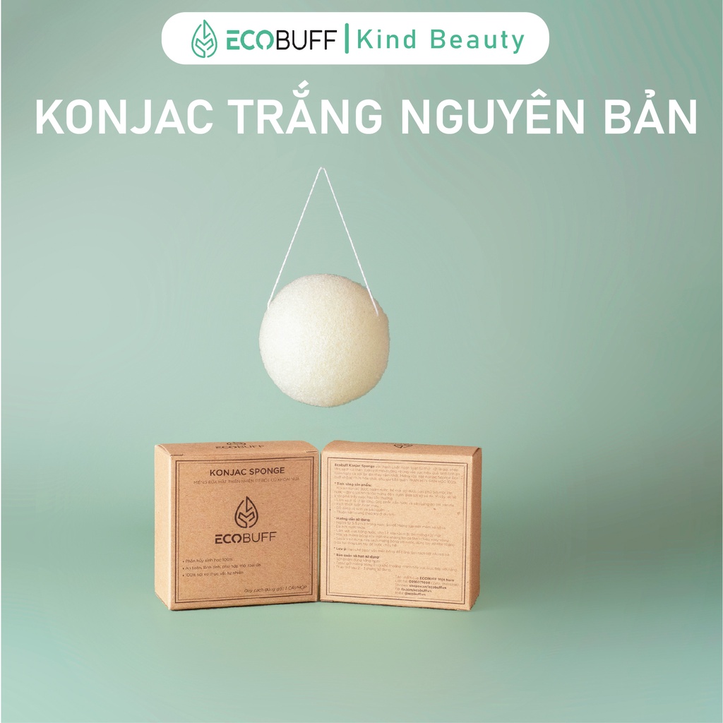 Bọt biển rửa mặt Ecobuff Konjac Sponge TRẮNG NGUYÊN BẢN miếng mút bông nở xốp sạch dịu nhẹ thân thiện môi trường