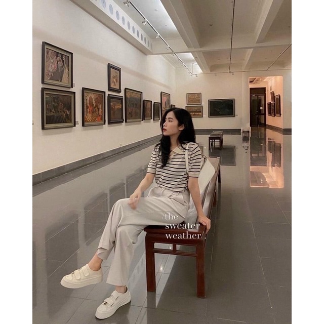 Áo len mongtoghi cổ đức ngắn tay kẻ sọc xinh xắn