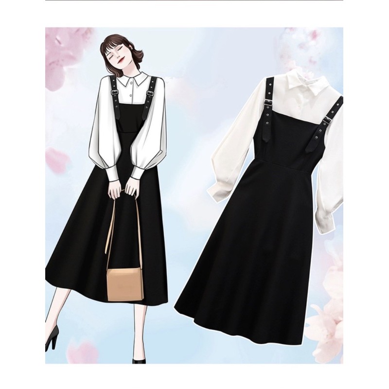 Set váy yếm kèm áo tiểu thư phong cách Hàn Quốc hai màu trắng, xanh thời trang | BigBuy360 - bigbuy360.vn